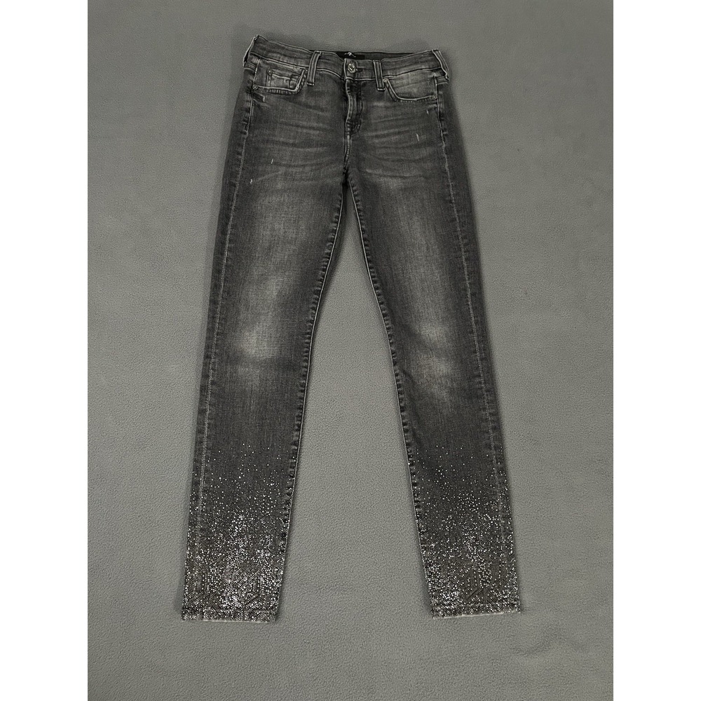 7 For All Mankind‎ The Skinny Slim Illusion Jeans Crop Black Crystals 26x27